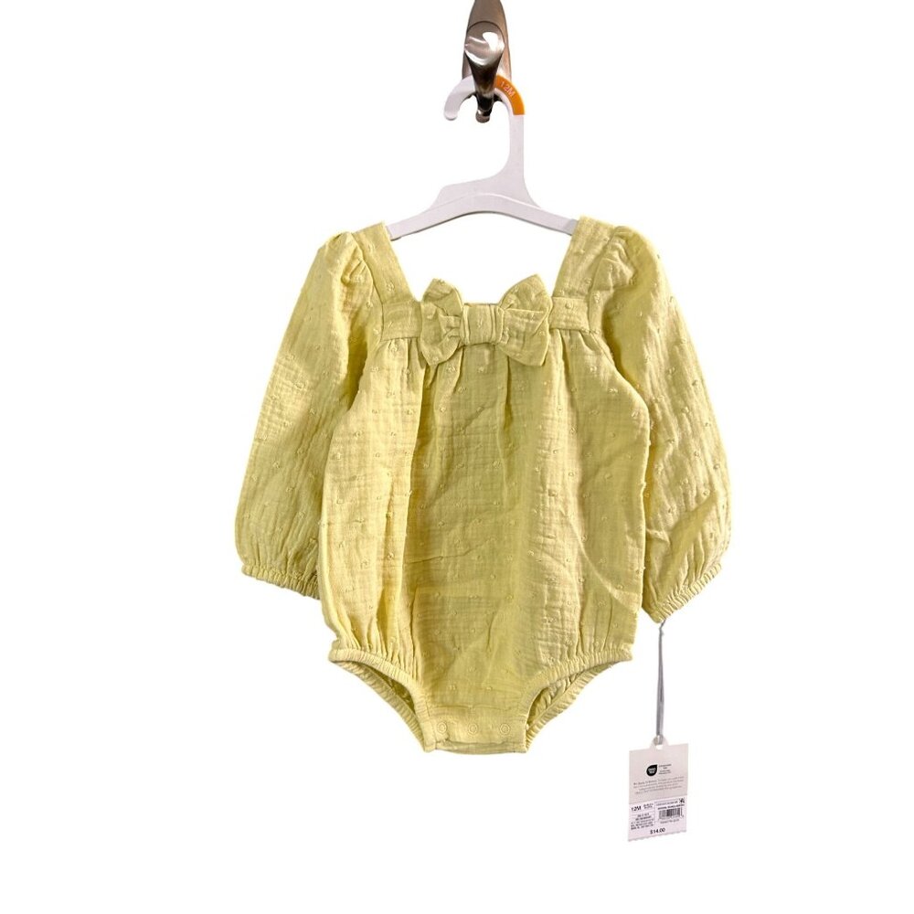 NWT Baby Girls' 12M Bow Romper - Cloud Island Yellow  with Swiss Dots